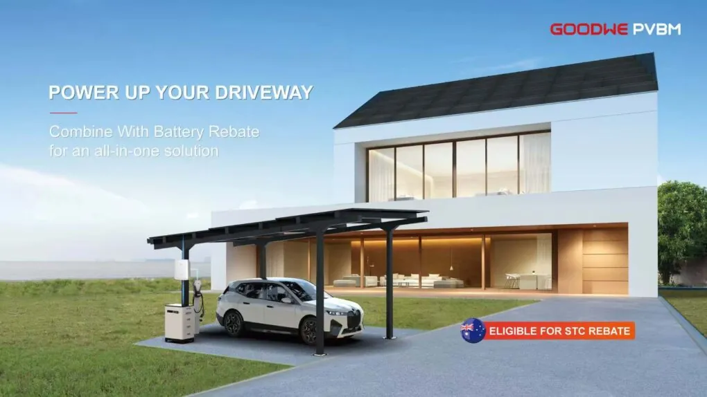 Electric car charging under a solar carport with a GoodWe EV charger and battery