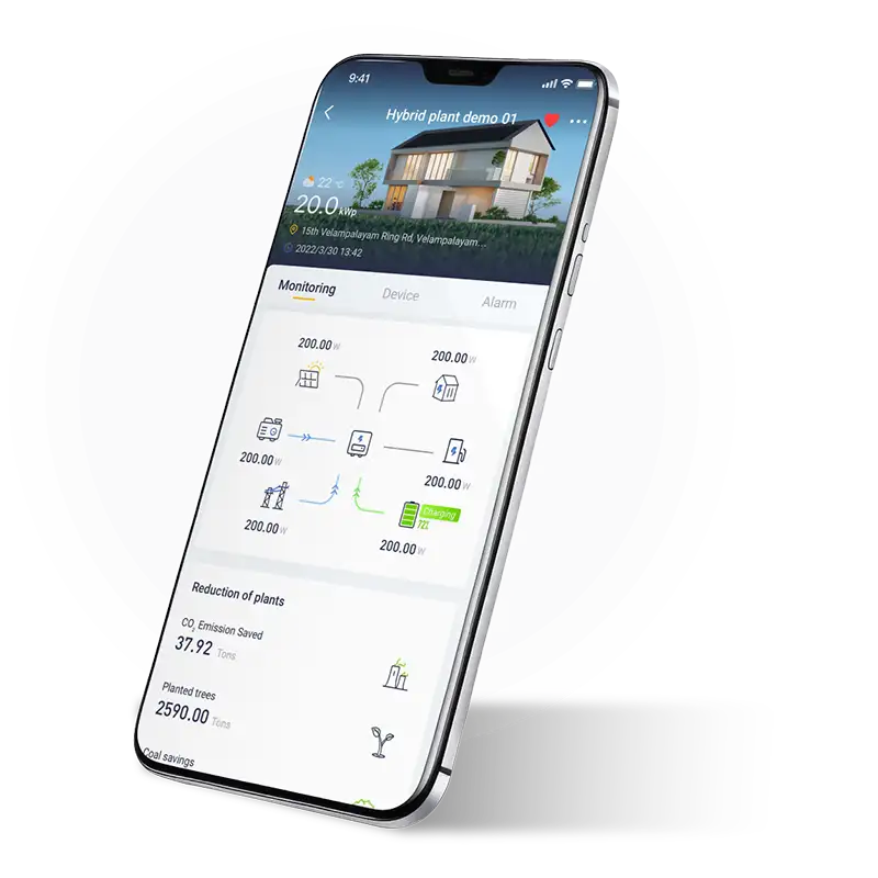 GoodWe SEMS+ app on a phone showing live solar, battery, grid and EV energy flow