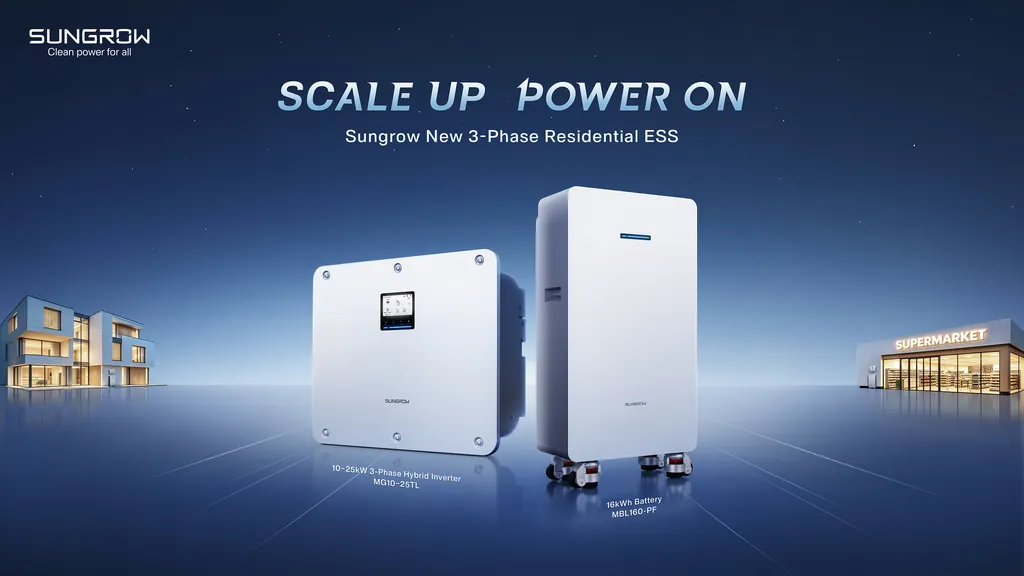 Sungrow three-phase residential energy storage system — hybrid inverter and modular battery cabinet